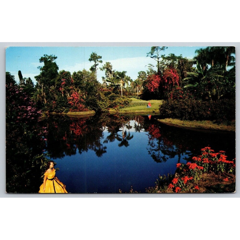 Vintage Cypress Gardens Florida Postcard Southern Belle Yellow Dress Reflection